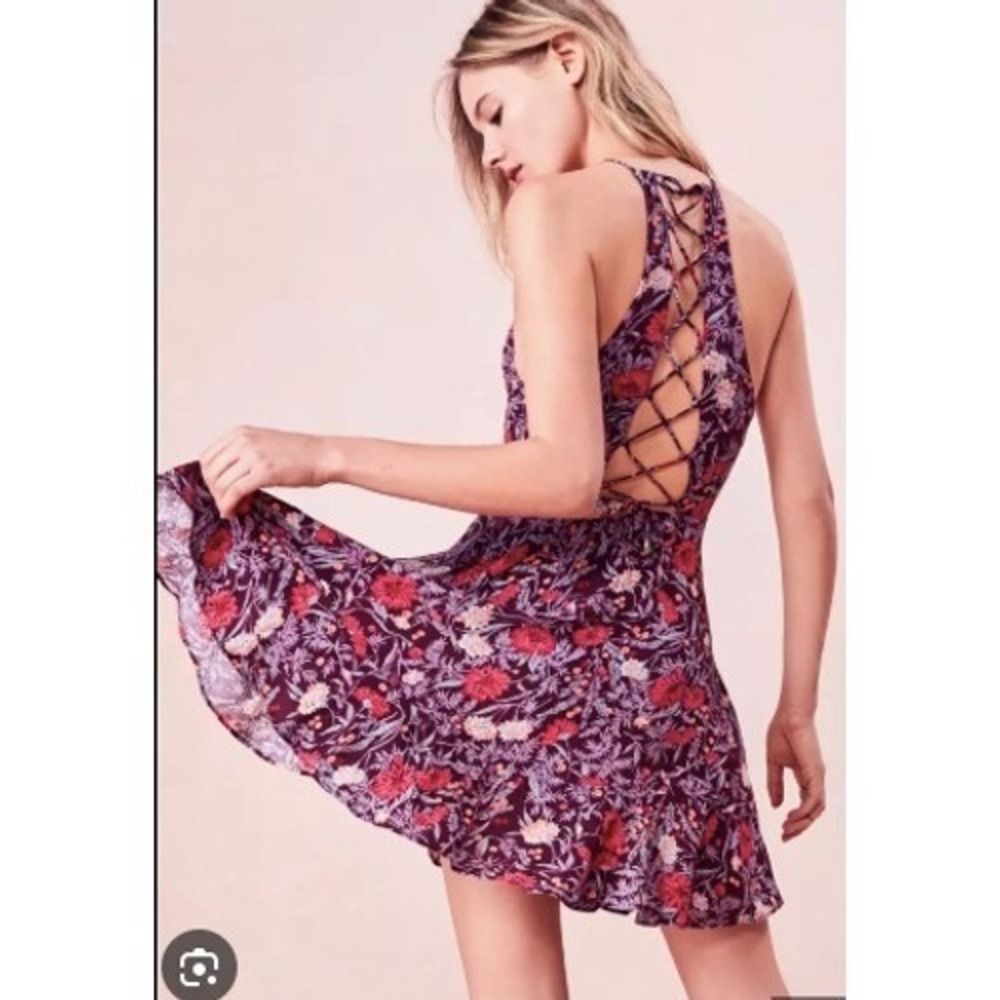 Kimchi Blue Boho Floral Ruffle Mini Dress Plum Lace Up‎ Back Sleeveless Sundress